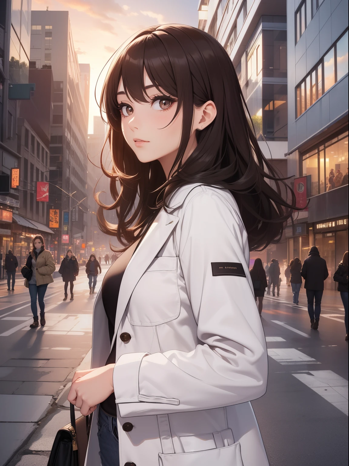 Best Quality, masutepiece, beautiful mature women、Beautiful face、Strong-minded woman、(White coat、jeans)、brown haired、(Brown-eyed)、Longhaire、Undersized eyes、(((Urban hustle and bustle)))、Business District、Sunset