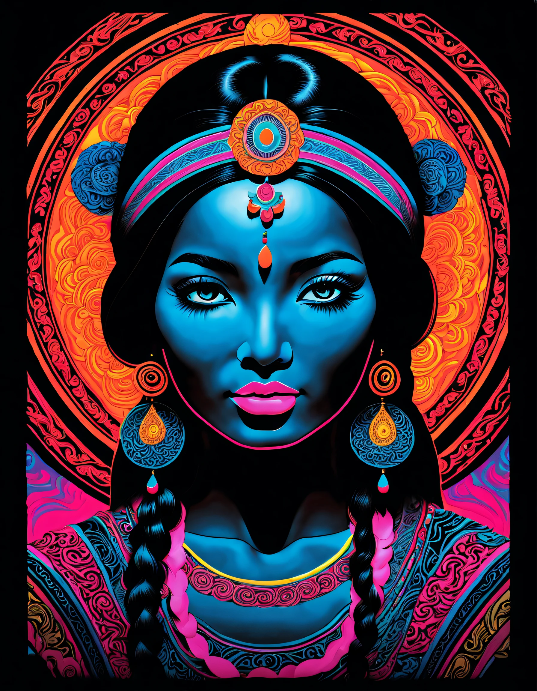 Tibetan women，Black light poster art ，with black background
