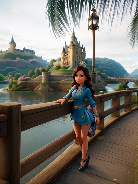 there is a woman standing on a bridge by the water, with a castle in the background, ( castle in the background ), castle in the background, with a park in the back ground, castle in background, with a park in the background, cindy avelino, standing near a castle, paradise in the background, taken with the best dlsr camera, fantasy land