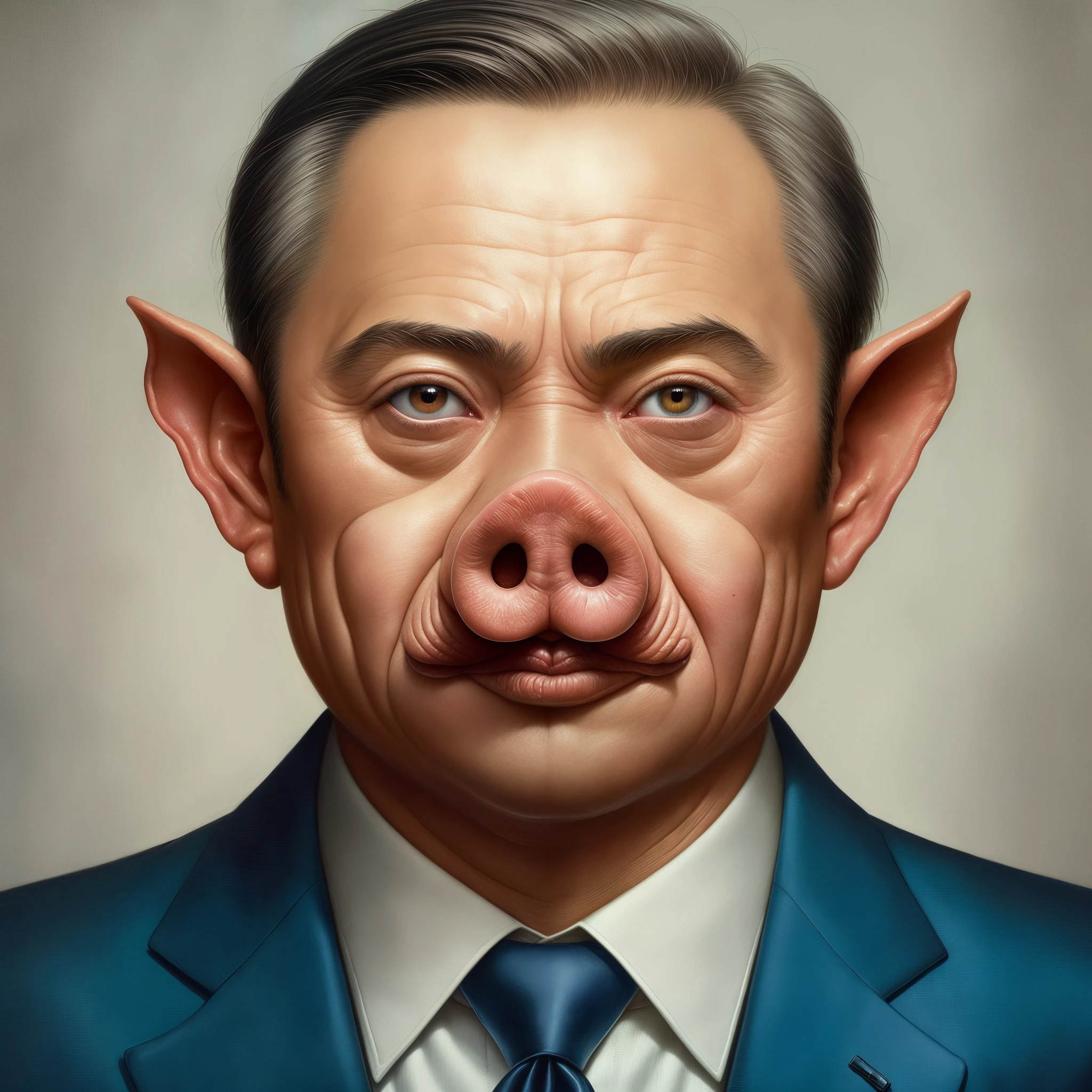 Close-up of a man wearing a suit and pig nose tie, wojtek fus, inspired by Li Tiefu, Naoto Hattori, by Li Tiefu, by Jason Teraoka, by Pedro Pedraja, stanley artgem lau, Ron English, Naoto Hattori, ruan jian, Mad Magazine Illustration