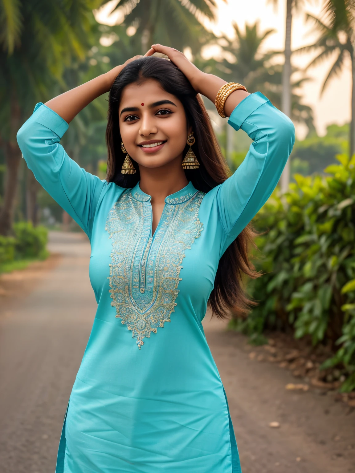 young Indian girl, 18-year-old, (tight deep neck kurti, patiala pant), wrist watch, high heels, 34 28 32, gentle lighting, intricate facial details, (bright smile:1.2), (intricate detailing:1.6 faces & eyes & nose & ears & lips & curves & skin & body parts), eyes symmetry, face symmetry, no wrinkles no pimples face, top-notch 3D rendering, full body shot from bottom, hyper-realistic, shot on Indian road. photorealistic digital art trending on Artstation 8k HD high definition detailed realistically