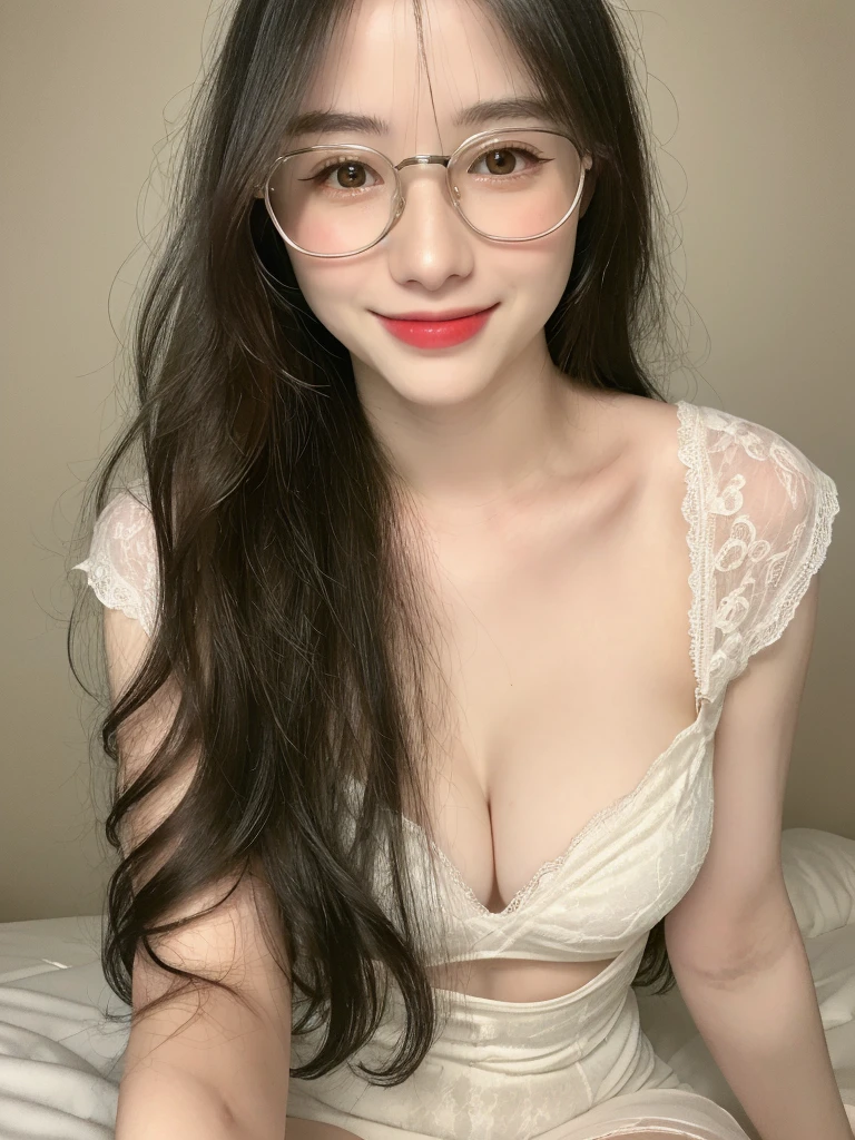 ((realistic, pale white skin:1.3,high resolution:1.3)), 1 girl with perfect figure, thin round glasses, smile, super fine face and eyes, long hair, white lace veil: 1.2 , in bedroom, sit on the bed, gigantic breasts, exposed cleavage