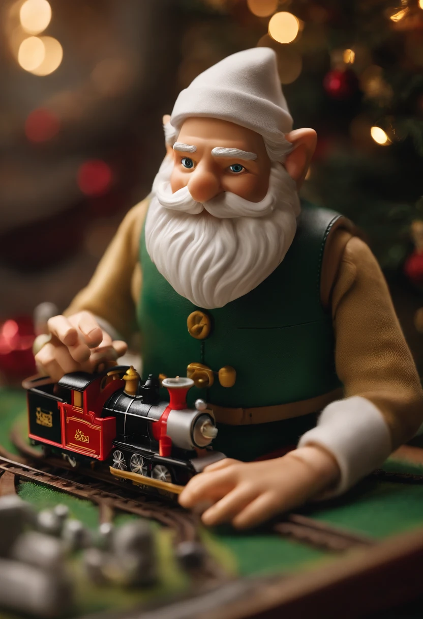 A close-up of Elfred carefully assembling the mechanical components of a toy train,original,Elfred is a small typical elf with green eyes, and a constant smile under a neatly trimmed white beard. While running Santa’s workshop, he is secretly the mastermind behind a massive global cocaine cartel. , male
