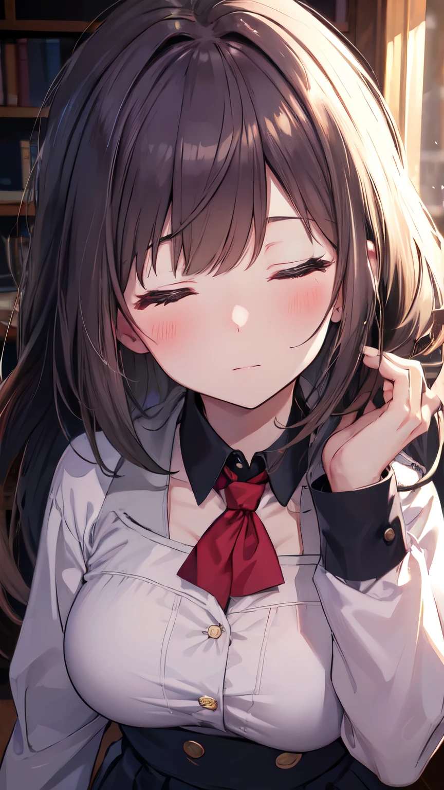 ultra-detailed、(8k, RAW photo, best quality, masterpiece:1.2), (extremely detailed 8k wallpaper),illustration、professional lighting,sharp focus, depth of field、
nsfw、clear eyes、perfect anatomia、girl with、12year old、school uniform, blazer, school,, short skirt,Close-up on face,hair adornments、incoming kiss,closed eyes