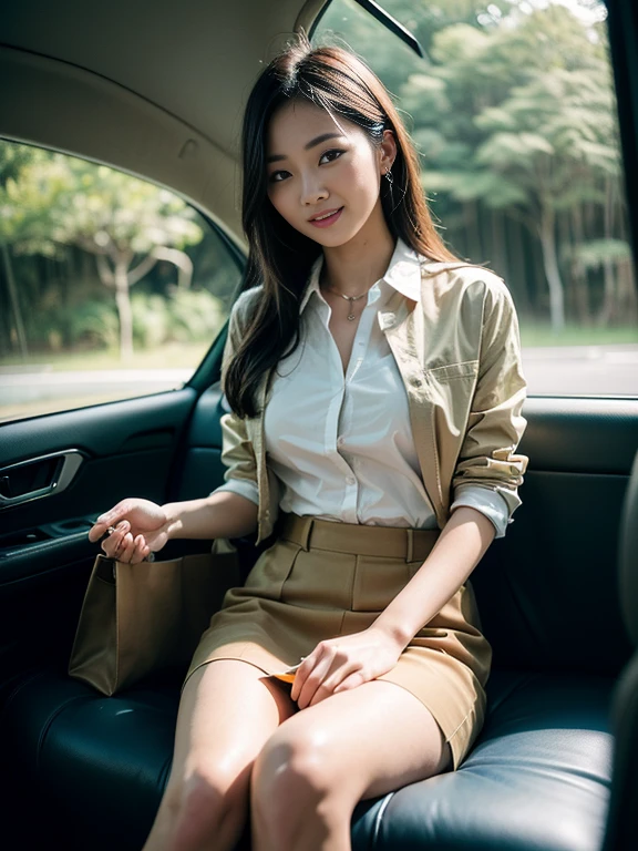 ((top-quality、in 8K、masterpiece:1.3、Raw photo))、Super high quality photos, Inside a simple tent set up in a tropical jungle, ((Wearing a business suit with jacket and skirt)), ((Beautiful Japanese woman sitting on a seat)),((Wear a white blouse shirt under the jacket)), ((Perfect beauty 20 year old idol Japan woman)), ((burst into laughter)), ((protruding nipples under the shirt,,)), ((slim figure)), ((Slim legs)), ((slim thigh)), (Photorealistic: 1.4), (Ultra-high detail), (hyper realisitic: 1.4), (Realistic: 1.3), (Smooth lighting: 1.05), Full body, 1girl in, Solo, (Japanese actressl), 20yr old, cinematlic lighting, ((Leaner figure)), Good anatomy, Correct anatomy, Inside a limousine driving through a tropical jungle, ((Perfect beauty 20 year old idol Japan woman)), ((Slim legs)), ((slim thigh)), ,((Perfect beauty)), ((He has a small camping bag in one hand.)), ((Panties are visible through the skirt)), ((burst into laughter)), ((camel's toe)), ((Wearing a business suit with jacket and skirt)), ((Hands on the crotch)).