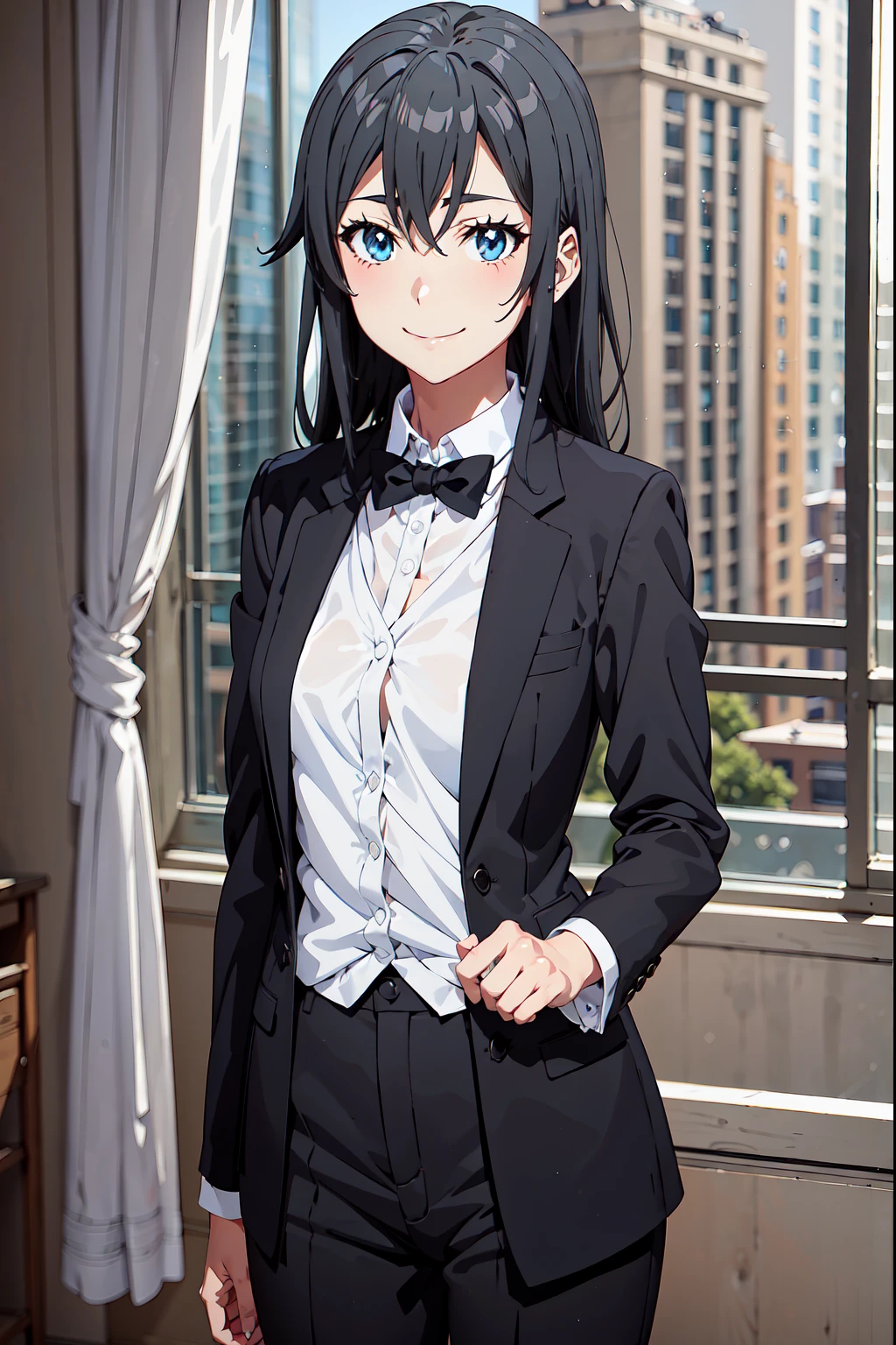 ((Anime)), 1girl, yukinoshita yukino, colerfull, 8k, view standing with smile, wears tuxedo tailcoat, lora:Oregairuyukinoshita 1_0:7>, Anime