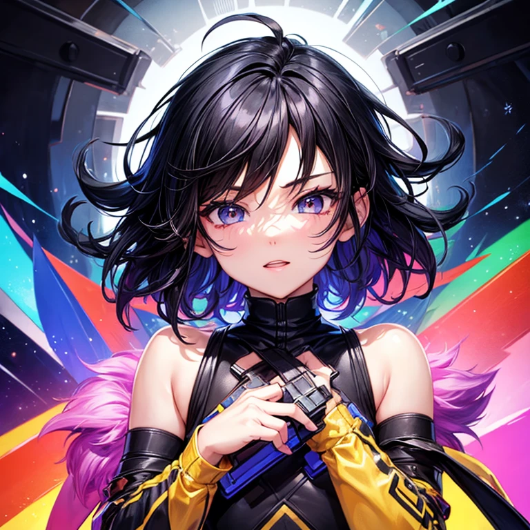 Pix,Pixel art,1boys,close up of head,black colored hair,short detailed hair,Colorful background,Radial lines,twinks,Energetic child,fluffly