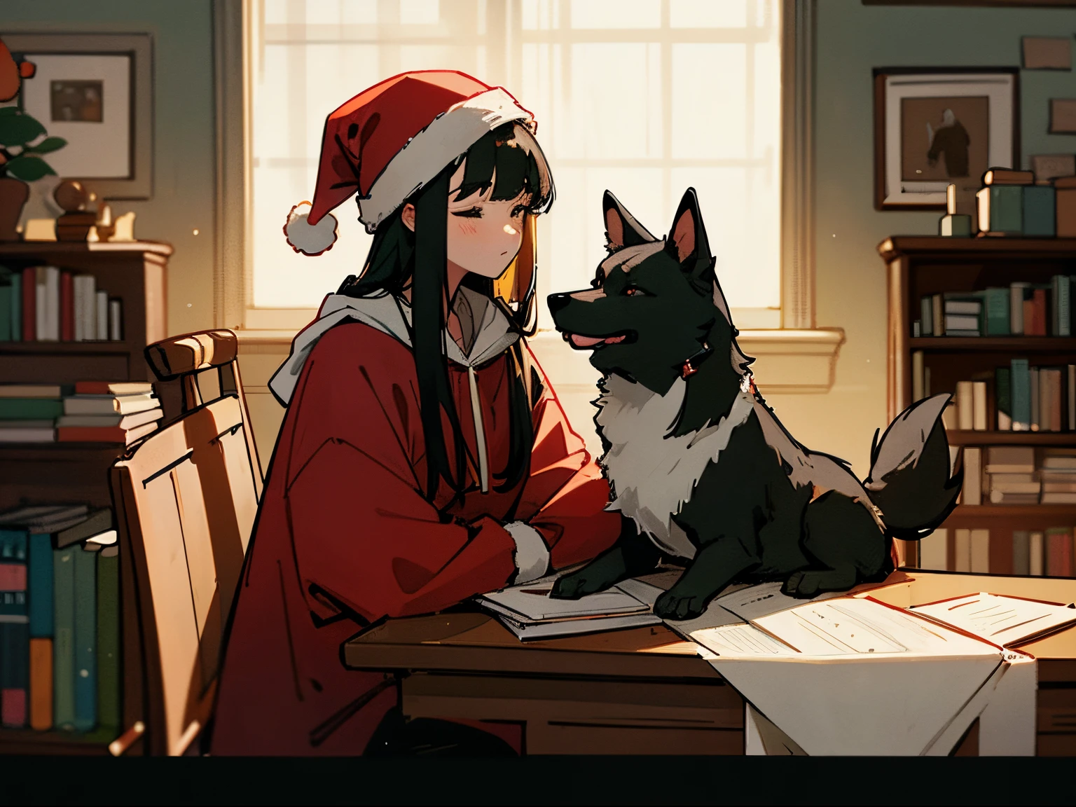 A 20-year-old black-haired woman petting a dog, Calm、Gentle light、black backgrounds、Coffee、head shot、Large houseplants、Lo-Fi Illustration、room with a low table、There are piles of books on the desk、a relaxing sight、Woman in hoodie、Red Santa Hat、looks sleepy、Green clothing、A big fluffy dog is sitting next to me.、Cute dog、golden coat dog、The dog is also wearing a Santa hat、The perfect dog