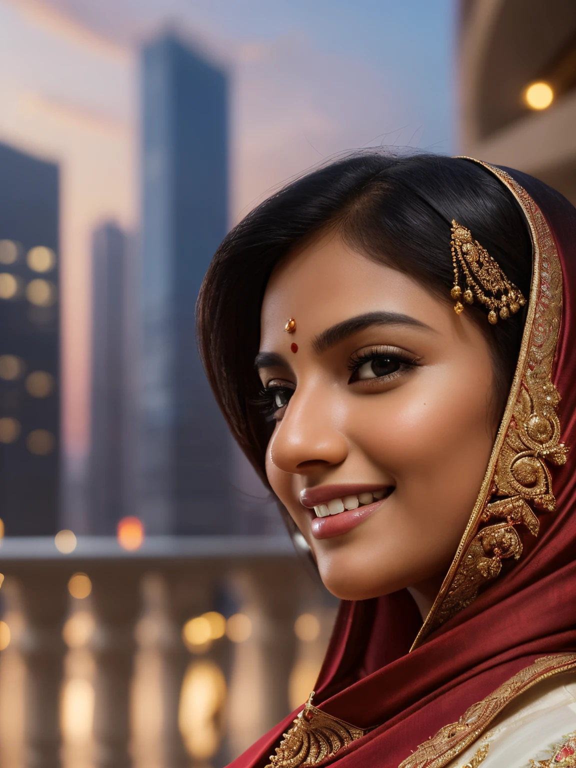 evening scenario, (photorealism:1.6 masterpiece, high quality, photorealistic:1.6, realistic:1.6), portrait, zeta pixel, 1 Tamil girl, extremely beautiful 20 years old, (bright smile:1.6), long black hair, eyes symmetry, face symmetry, (tight kurti shawl slim churidar pants), slippers, 34 28 32, (intricate detailing:1.6 faces & eyes & nose & ears & lips & curves & skin & body parts), modern ornaments, looking at viewers, full body shot from bottom, standing in the city streets, elegant pose, (background detailing:1.6 evening sky vibrant colors skyscrapers maximize objects)