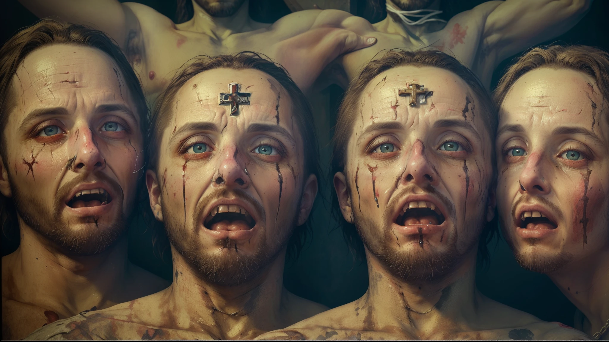group of people hanging on to a cross, crucifixion, uncontrollable laughter, open mouths, arafed painting, detailed eyes, detailed lips, extremely detailed faces, tension, twisted figures, religious symbolism, pain, suffering, dark atmosphere, dramatic lighting, intense emotions, profound expressions, textured brushstrokes, oil painting, high contrast, chiaroscuro, monochromatic color scheme, intense shadows, haunting, emotional turmoil, agony, despair, sacrilegious, disturbing, eerie, unsettling, somber, thought-provoking, macabre, powerful storytelling, religious iconography, social commentary, controversial, artistic masterpiece, high resolution, ultra-detailed, realistic, vivid colors, vivid emotions