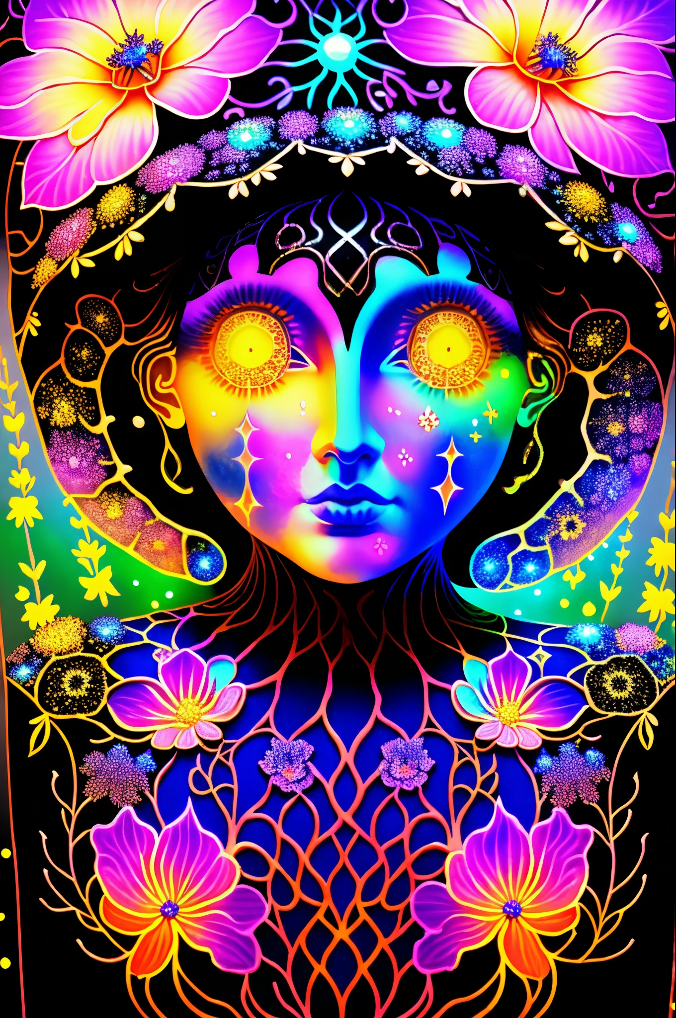 Rosen maiden，（tmasterpiece，best qualtiy），（illustratio），（blacklight UV: 1.5）,Strange fungal disease dense forest，Transparent sticky substance，Caustics，crystals，closeup cleavage，Complicated details，darkness's background，Sparkling spores，Rainbow crystals，(darkly)，(Black light art)，uv