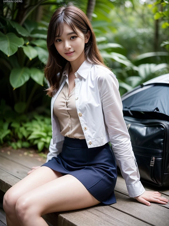 ((top-quality、in 8K、​masterpiece:1.3、Raw photo))、Super high quality photos, Inside a simple tent set up in a tropical jungle, ((Wearing a business suit with jacket and skirt)), ((Beautiful Japanese woman sitting on a seat)),((Wear a white blouse shirt under the jacket)), ((Perfect beauty 20 year old idol Japan woman)), ((burst into laughter)), ((protruding nipples under the shirt,,)), ((slim figure)), ((Slim legs)), ((slim thigh)), (Photorealistic: 1.4), (Ultra-high detail), (hyper realisitic: 1.4), (Realistic: 1.3), (Smooth lighting: 1.05), Full body, 1girl in, Solo, (Japanese actressl),　20yr old, cinematlic lighting, ((Leaner figure)), Good anatomy, Correct anatomy, ((Perfect beauty 20 year old idol Japan woman)), ((Slim legs)), ((slim thigh)), ,((Perfect beauty)), ((He has a small camping bag in one hand.)), ((Panties are visible through the skirt)), ((burst into laughter)), ((camel's toe)), ((Wearing a business suit with jacket and skirt)), ((Hands on the crotch)).