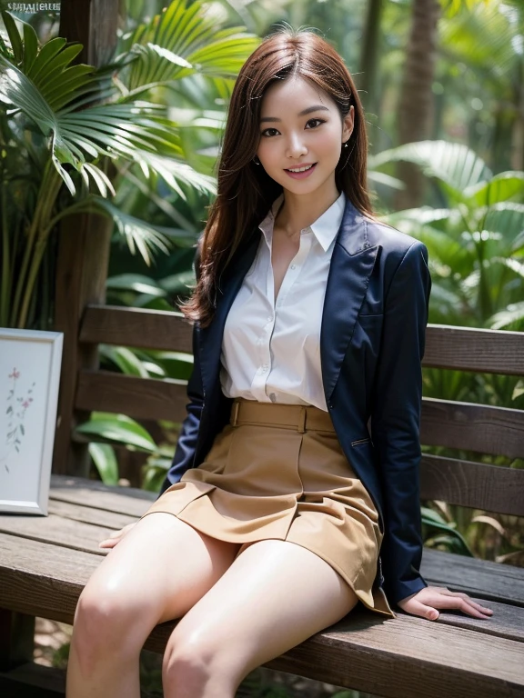 ((top-quality、in 8K、masterpiece:1.3、Raw photo))、Super high quality photos, Inside a simple tent set up in a tropical jungle, ((Wearing a business suit with jacket and skirt)), ((Beautiful Japanese woman sitting on a seat)),((Wear a white blouse shirt under the jacket)), ((Perfect beauty 20 year old idol Japan woman)), ((burst into laughter)), ((protruding nipples under the shirt,,)), ((slim figure)), ((Slim legs)), ((slim thigh)), (Photorealistic: 1.4), (Ultra-high detail), (hyper realisitic: 1.4), (Realistic: 1.3), (Smooth lighting: 1.05), Full body, 1girl in, Solo, (Japanese actressl), 20yr old, cinematlic lighting, ((Leaner figure)), Good anatomy, Correct anatomy, ((Perfect beauty 20 year old idol Japan woman)), ((Slim legs)), ((slim thigh)), ,((Perfect beauty)), ((He has a small camping bag in one hand.)), ((Panties are visible through the skirt)), ((burst into laughter)), ((camel's toe)), ((Wearing a business suit with jacket and skirt)), ((Hands on the crotch)).