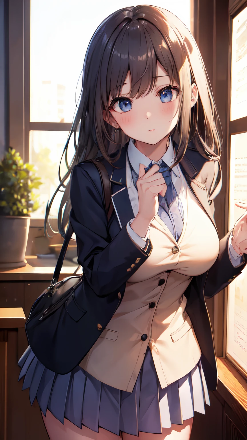 ultra-detailed、(8k, RAW photo, best quality, masterpiece:1.2), (extremely detailed 8k wallpaper),illustration、professional lighting,sharp focus, depth of field、
nsfw、clear eyes、perfect anatomia、girl with、12year old、school uniform, blazer, school,, short skirt,Close-up on face,hair adornments、imminent kiss,huge tit