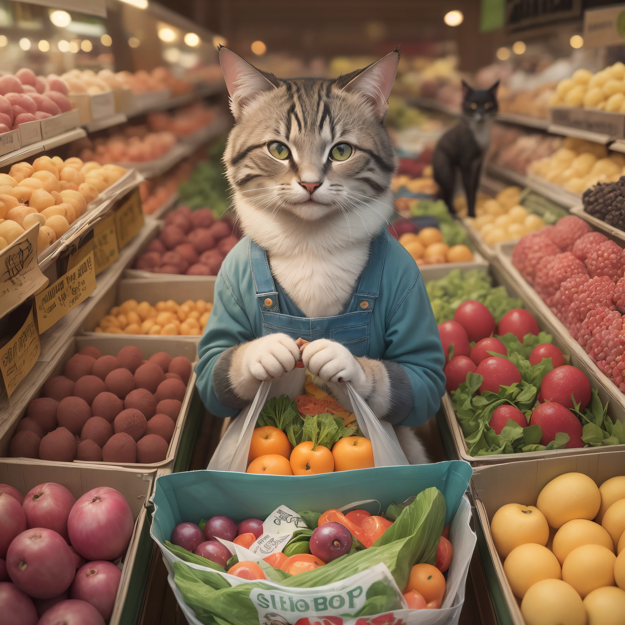 Cinematic still of cat holding shopping bag full of vegetables with paws, shopping with smile in a market. . Shallow depth of field, vignette, highly detailed, high budget, bokeh, Cinemascope, moody, epic, gorgeous, film grain, grainy --auto --s2