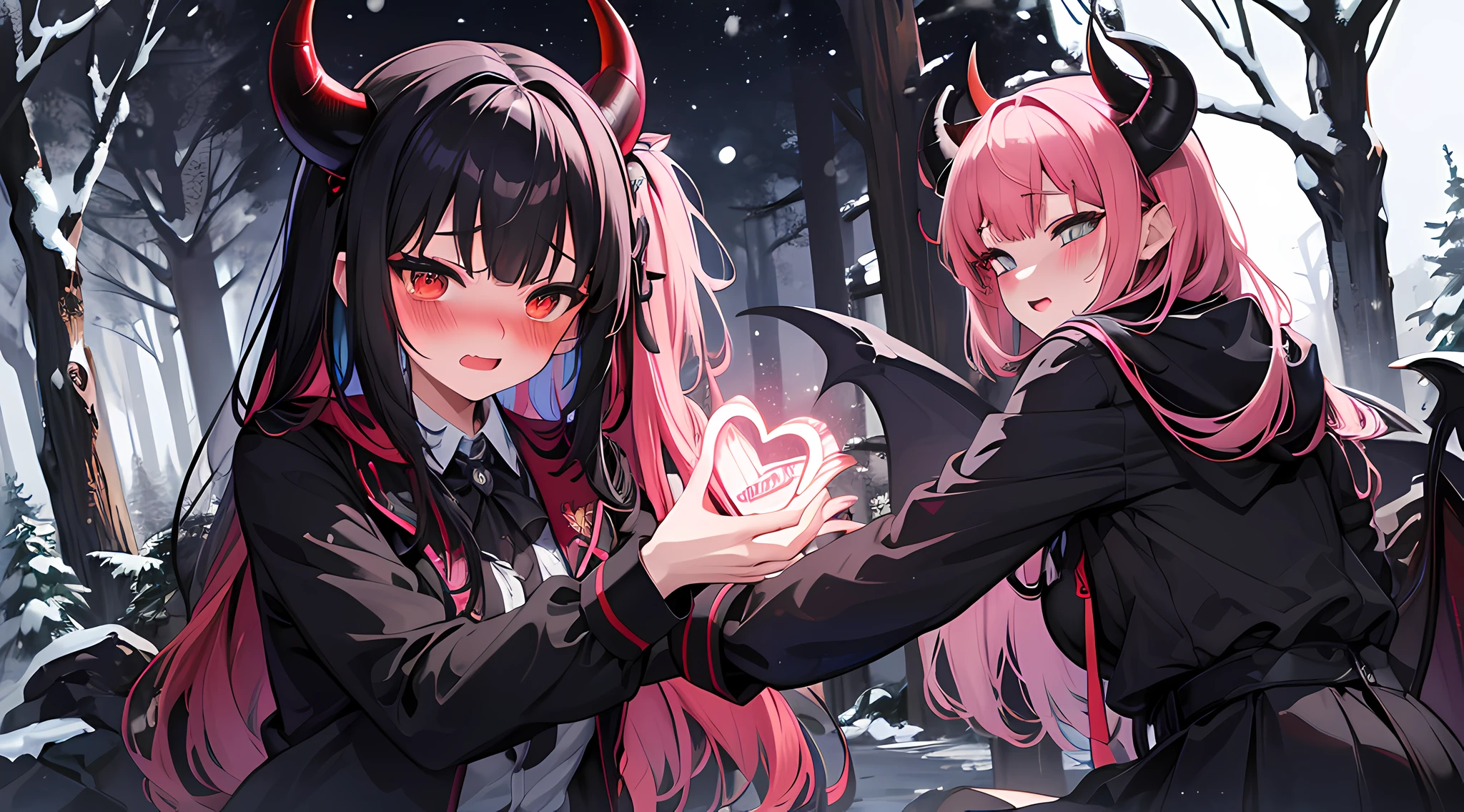 (1 demon girl), front lighting, demon horns, witch uniform, detailed face, camping in forest during winter, multicolored hair, black hairpins, (blushing: 1.5), open mouth, hand unbutton her shirt, asking permission to fuck, heart eyes, (full body:0.8), front lighting, 8k, masterpiece, ultra HD,