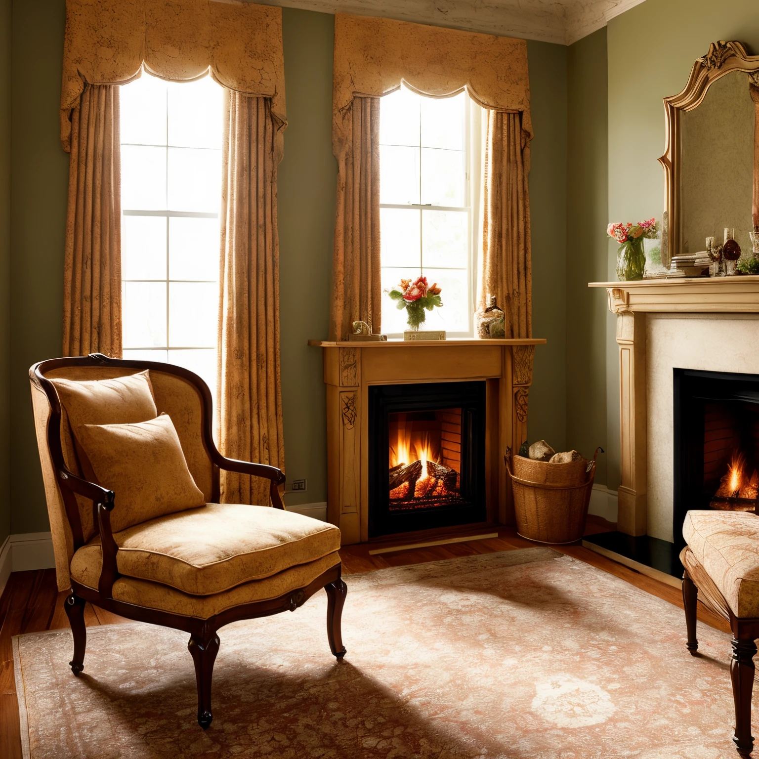 Victorian style room interior,fireplace, Beautiful furniture,curtains on the windows,