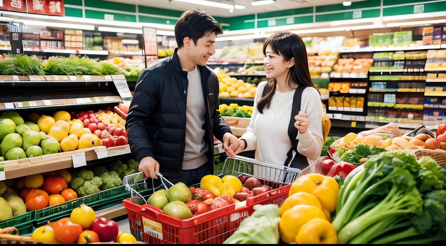 Couple visiting supermarket shopping staple food area、Shopping and checkout in the vegetable area