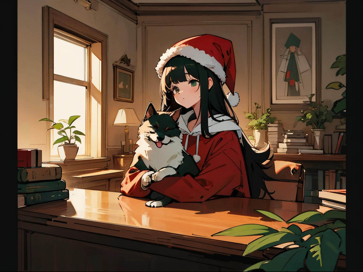 A 20-year-old black-haired woman petting a dog, Calm、Gentle light、black backgrounds、Coffee、head shot、Large houseplants、Lo-Fi Illustration、room with a low table、There are piles of books on the desk、a relaxing sight、Woman in hoodie、Red Santa Hat、looks sleepy、Green clothing、A big fluffy dog is sitting next to me.、Cute dog、golden coat dog、The dog is also wearing a Santa hat、The perfect dog