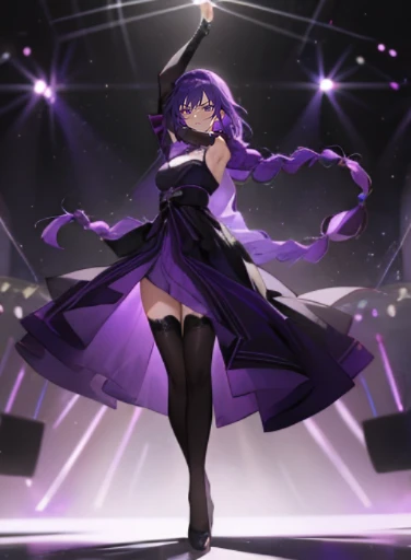 (Top resolution),1womanl,Anime, Purple eyes,Delicate eyes,angry expressions,Purple hair,Large braids,Black Dress,Black stockings,The background is the stage,Dancing on stage,the original god,Raiden General