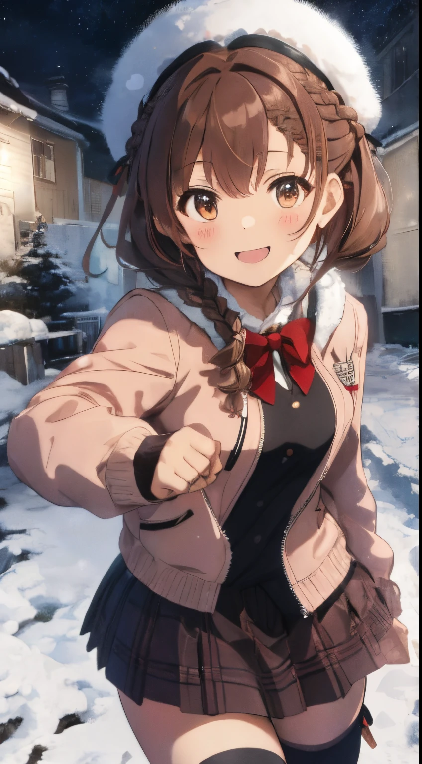 fluffy hair,((brown haired)),((Braided shorthair)),Slightly red tide,((Brown eyes)),(white fluffy winter clothes),((black blouson jacket)),(checkered dark blue skirt),((Long knee-length boots)),((fluffy white hunter hat)),A big smile,which are full of confidence々Facial expressions,(The heart symbol is flying),night illumination,((Have a bow and arrows)),((Archer))