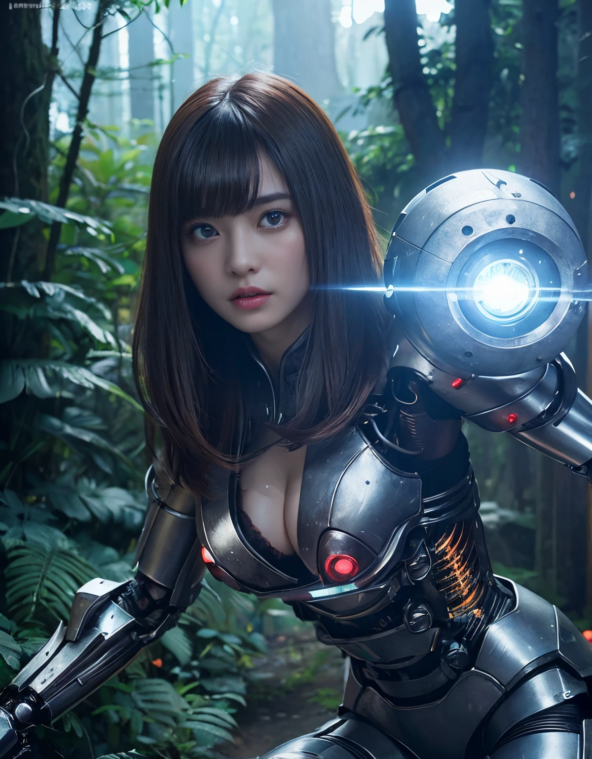 (1 Mechanical Girl)、top-quality、masterpiece、超A high resolution、(Photorealsitic:1.4)、Raw photo、1人、Fight mutants、glowy skin、(((1 Mechanical Girl)))、With a beautiful knife、(Red Metal Bodysuit)、(Fight goblings、ogre、Fierce battle with orcs),(Fight fiercely against aliens)、Fight fiercely、(beautiful forest background)、(Fighting Demonic Beasts)、(Small LED)、((super realistic details))、portlate、(Strong giant demon beast background),globalillumination、Shadow、octan render、8K、ultrasharp、Colossal tits、Raw skin is exposed in cleavage、metals、Details of complex ornaments、Japan details、highly intricate detail、Realistic light、(Mystical expression),CGSoation Trends、Blue eyes、radiant eyes、Facing the camera、neon details、(Mechanical limbs)、(blood vessels connected to tubes)、(Wires and cables connecting to the head)、Small LED、,Mechanical thighs、Toostock、(Hands are also made of machines)、(Attack of the Monster Beasts)、