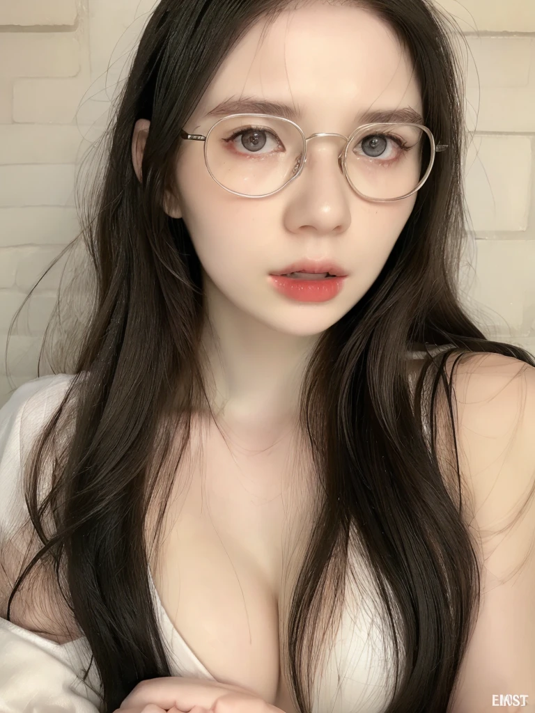 ((realistic, pale white skin:1.3,high resolution:1.3)), 1 girl with perfect figure, thin round glasses, super fine face and eyes, long hair, white lace veil: 1.2 , in bedroom, sit on the bed, gigantic breasts, exposed cleavage