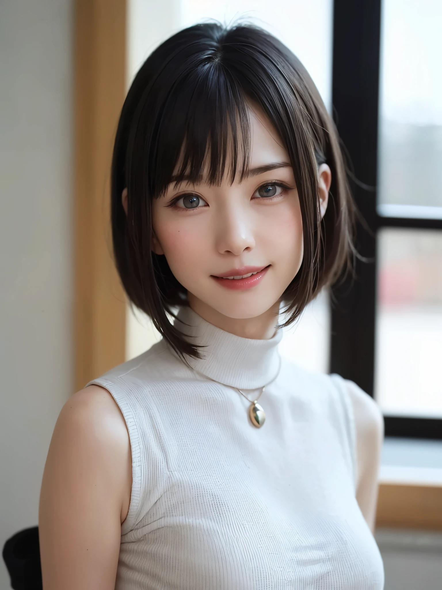(masutepiece, top-quality、Very attractive adult beauty、Add intense highlights to the eyes、Look firmly at the camera:1.4、Beautiful woman full of adult charm、Ideal ratio body proportions、Perfect Anatomy、Brunette Short Bob Hair、Lustrous hair、lipgloss),1girl in, 独奏, Light brown shiny hair, muffler,realisitic, looking at the viewers、Tilt your head slightly, Bright colored crystal light blue eyes, short shiny hair、 White turtleneck outfit with a hole in the center of the chest,Sexy white turtleneck knit sweater with a round hole in the middle of the chest、 s lips, lipgloss,bangss, The upper part of the body、big eye、Lashes、The face is a little red、Embarrassing)、((Road system in Italy in winter))、((Shorthair with bangs、big eye、Put very strong highlights in your students、{Gigantic|Big|Huge|Mega} breasts:1.4、Beautiful deep valley、very Bigger breasts:1.4、gazing at viewer、Very beautiful beauty、Put your ears out、long beautiful neck、little smiling、Beautiful teeth、Open your mouth and smile、Heart-shaped pupil))、28 year old、Very cute supermodel、