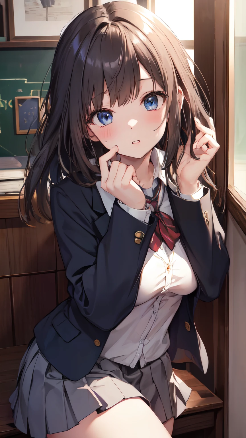 ultra-detailed、(8k, RAW photo, best quality, masterpiece:1.2), (extremely detailed 8k wallpaper),illustration、professional lighting,sharp focus, depth of field、
nsfw、clear eyes、perfect anatomia、girl with、12year old、school uniform, blazer, school,, short skirt,Close-up on face,hair adornments、imminent kiss,huge tit