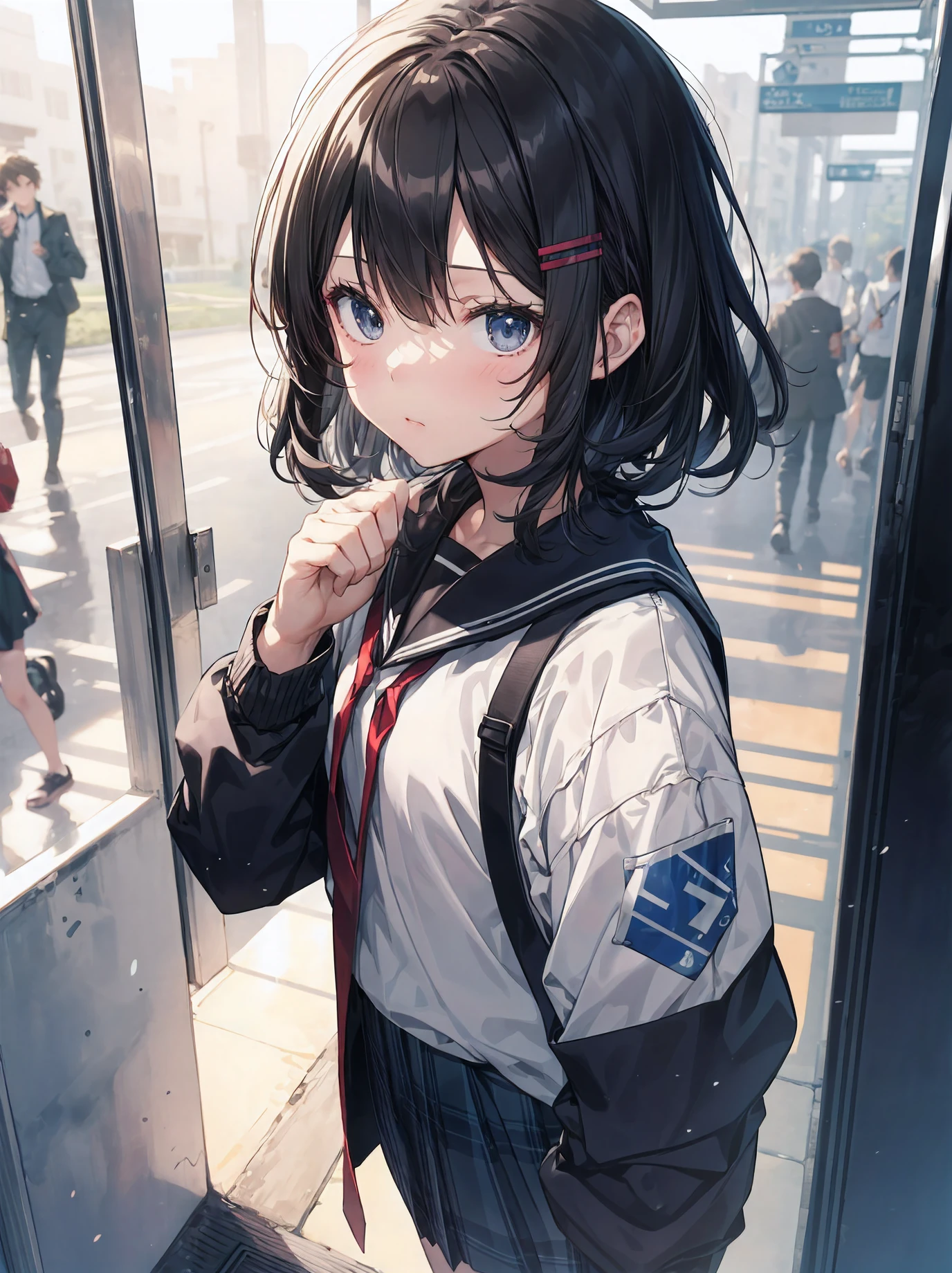 divine quality, anime moe art style,Best Anime 8K Konachan Wallpapers,pixiv,Perfect Anatomy, (Draw a girl sleepily walking to school. ),BREAK, 1girl in, (Solo,Lori,child,13years:1.3),High school students, Very short hair,Parted bangs,(Hair over one eye:1.1), Full limbs, complete fingers,medium breasts, groin, Small eyes,Precise black eyes, hair clips, School uniform, On the way to school. BREAK,Ultra-detailed,High resolution,super detailed skin, Professional Lighting,8k eye details, (Cute illustration:1.2),