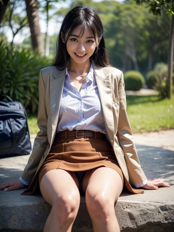 ((top-quality、in 8K、​masterpiece:1.3、Raw photo))、Super high quality photos, Inside a simple tent set up in a tropical jungle, ((Wearing a business suit with jacket and skirt)), ((Beautiful Japanese woman sitting on a seat)),((Wear a white blouse shirt under the jacket)), ((Perfect beauty 20 year old idol Japan woman)), ((burst into laughter)), ((protruding nipples under the shirt,,)), ((slim figure)), ((Slim legs)), ((slim thigh)), (Photorealistic: 1.4), (Ultra-high detail), (hyper realisitic: 1.4), (Realistic: 1.3), (Smooth lighting: 1.05), Full body, 1girl in, Solo, (Japanese actressl),　20yr old, cinematlic lighting, ((Leaner figure)), Good anatomy, Correct anatomy, ((Perfect beauty 20 year old idol Japan woman)), ((Slim legs)), ((slim thigh)), ,((Perfect beauty)), ((He has a small camping bag in one hand.)), ((Panties are visible through the skirt)), ((burst into laughter)), ((camel's toe)), ((Wearing a business suit with jacket and skirt)), ((Hands on the crotch)).
