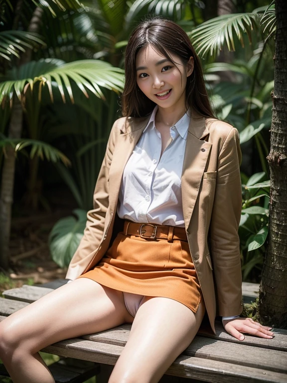 ((top-quality、in 8K、masterpiece:1.3、Raw photo))、Super high quality photos, Inside a simple tent set up in a tropical jungle, ((Wearing a business suit with jacket and skirt)), ((Beautiful Japanese woman sitting on a seat)),((Wear a white blouse shirt under the jacket)), ((Perfect beauty 20 year old idol Japan woman)), ((burst into laughter)), ((protruding nipples under the shirt,,)), ((slim figure)), ((Slim legs)), ((slim thigh)), (Photorealistic: 1.4), (Ultra-high detail), (hyper realisitic: 1.4), (Realistic: 1.3), (Smooth lighting: 1.05), Full body, 1girl in, Solo, (Japanese actressl), 20yr old, cinematlic lighting, ((Leaner figure)), Good anatomy, Correct anatomy, ((Perfect beauty 20 year old idol Japan woman)), ((Slim legs)), ((slim thigh)), ,((Perfect beauty)), ((He has a small camping bag in one hand.)), ((Panties are visible through the skirt)), ((burst into laughter)), ((camel's toe)), ((Wearing a business suit with jacket and skirt)), ((Hands on the crotch)).