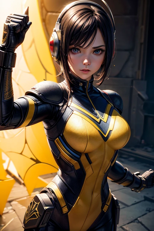 superhero Wasp, Hope van Dyne, movie accurate costume, helmet,  combat stance, highly detailed, vibrant appearance, creative behavior, extremly detailed, imaginative, sensual, spontaneous, highest quality, skin texture, intricate details, (cinematic lighting), RAW photo, 8k, masterpiece,best quality,ultra-detailed,very detailed illustrations,extremely detailed,intricate details,highres,super complex details,extremely detailed 8k cg wallpaper,