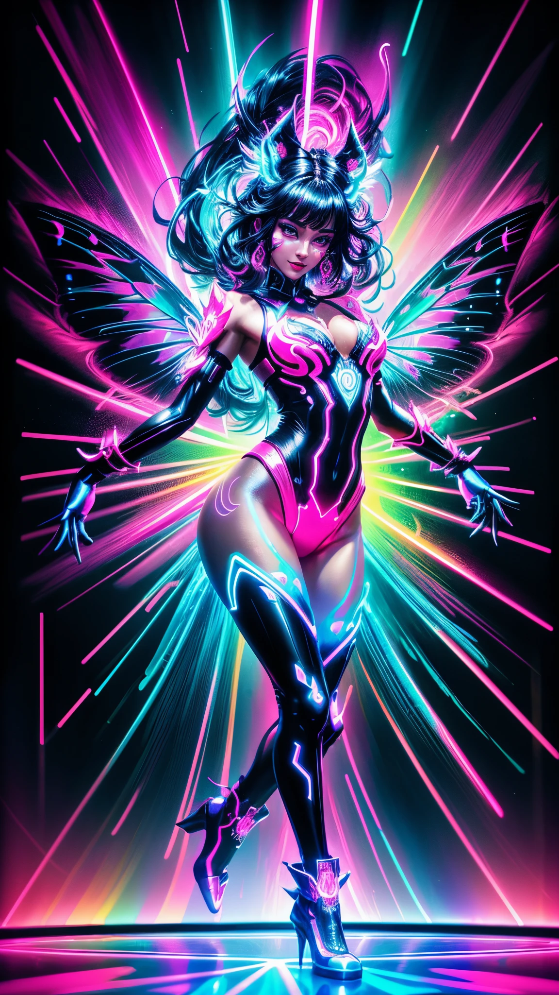 When illuminated by black light,The dance floor in the bar turns into a mysterious world。In this world,Girls wearing fluorescent clothes,Release unlimited vitality in the beating rhythm。in the center of the dance floor,A girl in pink clothes is leading everyone in a cheerful dance。Her body glows bright pink under the black light,Make her look like a gorgeous butterfly dancing。The girls around her danced to her rhythm,The fluorescent paint on their bodies shines in colorful light under the black light,It's like being in a mysterious fairyland。There are some fluorescent paintings hanging on the wall next to the dance floor,These paintings are illuminated by black light,become more colorful。some weird shapes、Bizarre patterns,Make the whole space full of creativity and imagination。In such a dynamic and creative environment,People can dance happily、Release your emotions and energy。This black light art painting presents a vibrant and creative world,Immerse people in it,feel the joy of dancing,Release your emotions and energy,(blacklight UV:1.8), Colorful digital fantasy art, rossdraw desenho Vibrant animation, bailey neon, The backside of the glow wave, Vibrant fantasy style, vibrant digital painting, Colorful concept art, brillo colorado, beautiful digital art, digital color color, stunning digital illustration, beautiful digital art, Luz Neon Fantasia, Core Ricas and Brillantes, cavalos | afro futurism