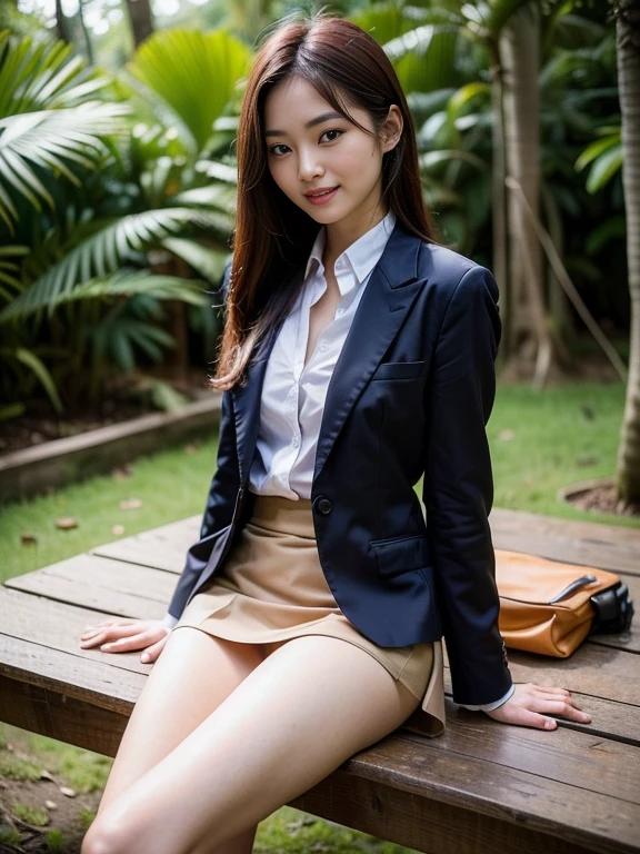 ((top-quality、in 8K、​masterpiece:1.3、Raw photo))、Super high quality photos, On a hammock set up in a tropical jungle, ((Wearing a business suit with jacket and skirt)), ((Beautiful Japanese woman sitting on a seat)),((Wear a white blouse shirt under the jacket)), ((Perfect beauty 20 year old idol Japan woman)), ((burst into laughter)), ((protruding nipples under the shirt,,)), ((slim figure)), ((Slim legs)), ((slim thigh)), (Photorealistic: 1.4), (Ultra-high detail), (hyper realisitic: 1.4), (Realistic: 1.3), (Smooth lighting: 1.05), Full body, 1girl in, Solo, (Japanese actressl),　20yr old, cinematlic lighting, ((Leaner figure)), Good anatomy, Correct anatomy, ((Perfect beauty 20 year old idol Japan woman)), ((Slim legs)), ((slim thigh)), ,((Perfect beauty)), ((He has a small camping bag in one hand.)), ((Panties are visible through the skirt)), ((burst into laughter)), ((camel's toe)), ((Wearing a business suit with jacket and skirt)), ((Hands on the crotch)).