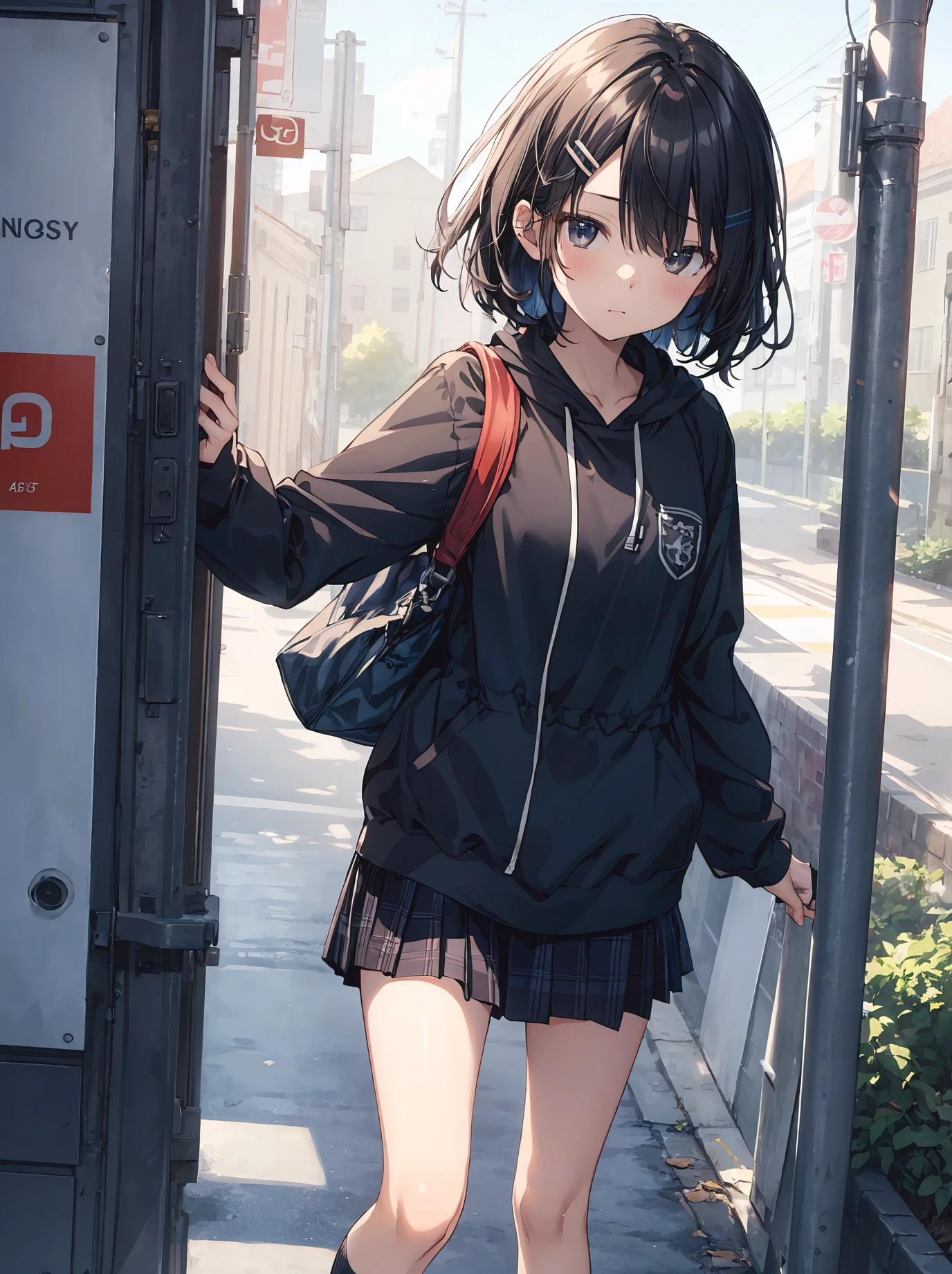 divine quality, anime moe art style,Best Anime 8K Konachan Wallpapers,pixiv,Perfect Anatomy, (Draw a girl sleepily walking to school. ),BREAK, 1girl in, (Solo,Lori,,13yea:1.3),High school students, Very short hair,Parted bangs,(Hair over one eye:1.1), Full limbs, complete fingers,medium breasts, groin, Small eyes,Precise black eyes, hair clips, School uniform, On the way to school. BREAK,Ultra-detailed,High resolution,super detailed skin, Professional Lighting,8k eye details, (Cute illustration:1.2),