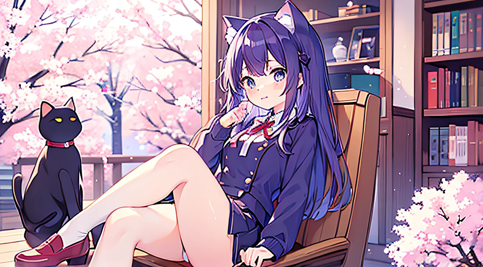 Anime girl, purple hair, long shiny hair, sparkling blue eyes, cat ears, purple uniform, blue short skirt, red shoes, cute, beautiful, shy and sexy, with a colored cat tail Violet. Sit on a chair and admire the cherry blossoms