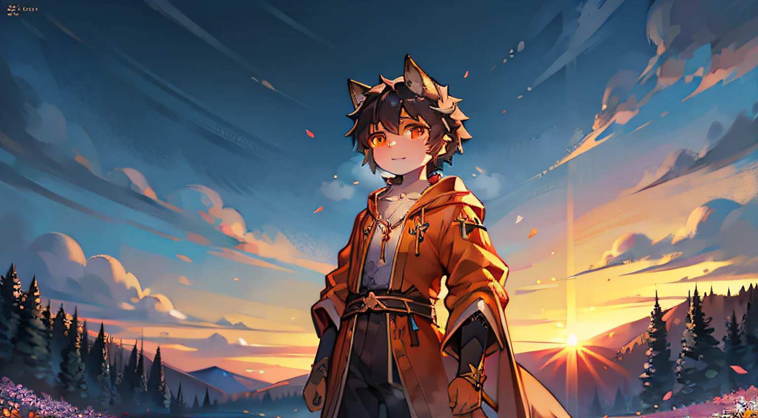 Black Haired Wolf,Clear blue sky,orange robe,Saber at the waist,shota,Orange pupils,fluttering sleeves,standard facial features,ornate backdrop,flowers blooming,Peach blossom tree,sunraise,lookingat,On a meadow,Peach blossom tree,falling flower petals,standing in grassy field,