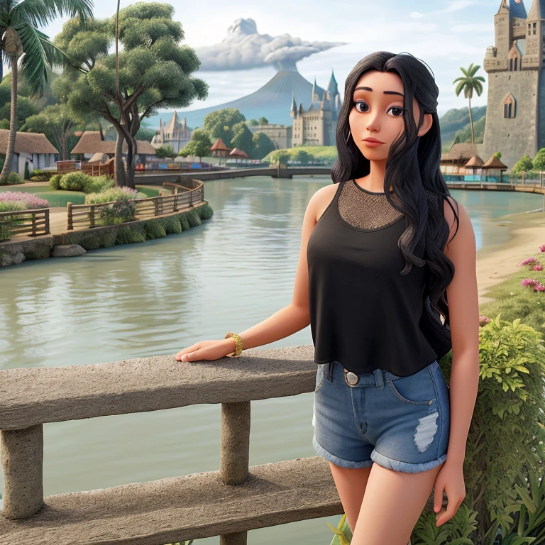 araffe woman standing on a bridge near a body of water, paradise in the background, with a castle in the background, with a park in the background, around 20 yo, cindy avelino, with a volcano in the background, with palm trees in the back, ( castle in the background ), at a park, she is wearing a black tank top