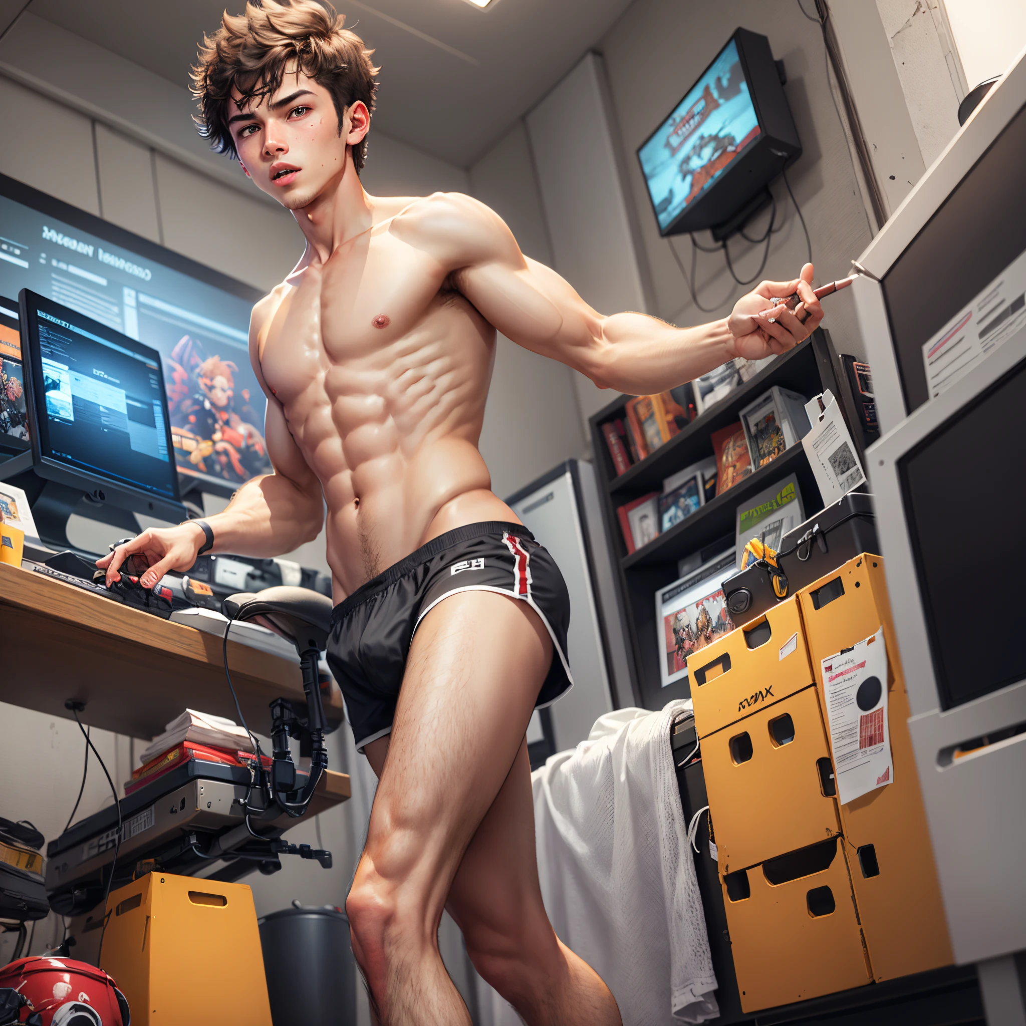 Boy playing video games in undies