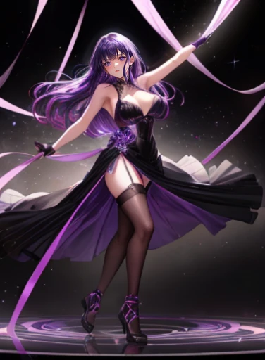(Top resolution),1womanl,Anime, Purple eyes,Delicate eyes,Purple hair,Longhaire,Black Dress,Black stockings,The background is the stage,Dancing on stage,the original god,Raiden General