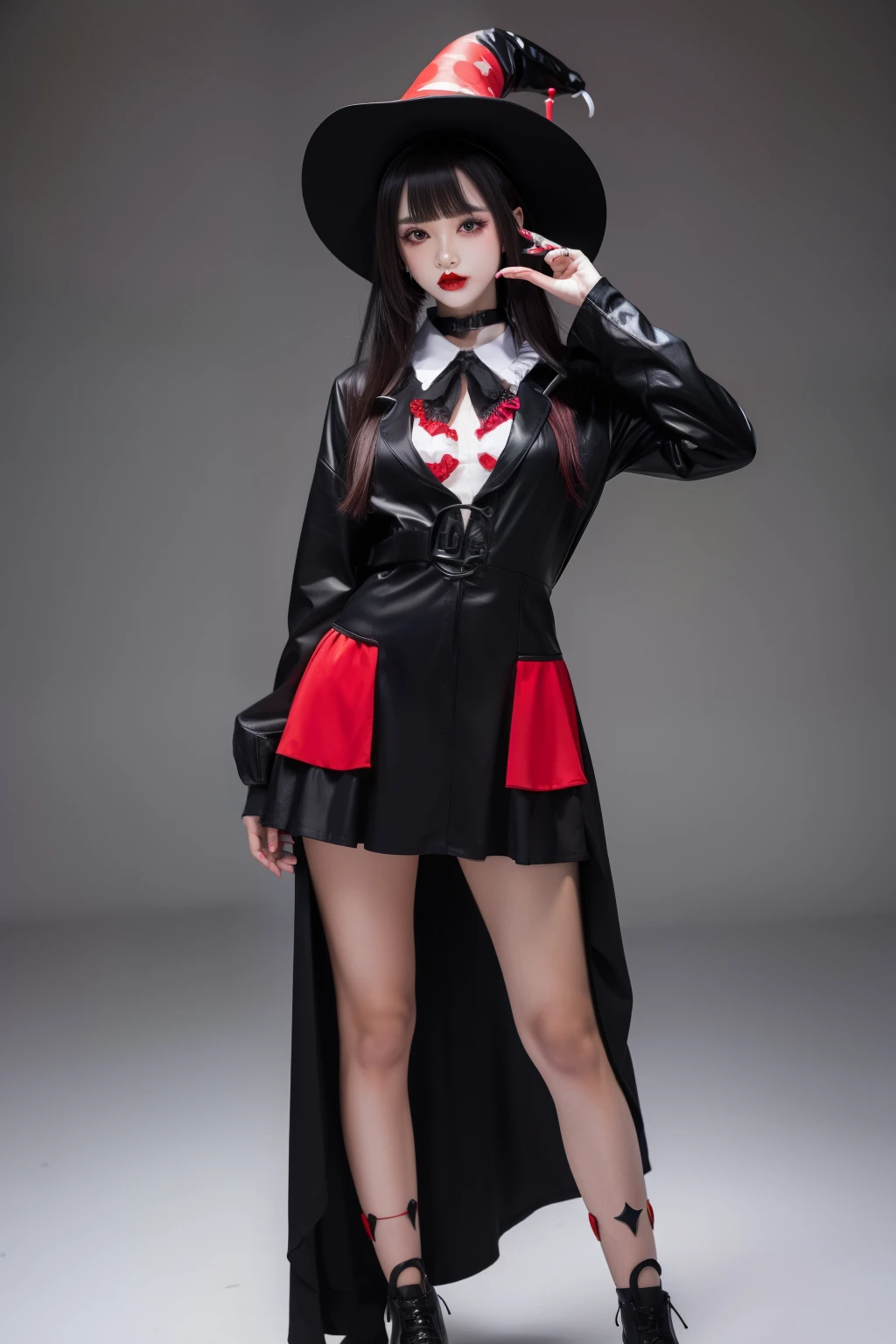 Female idol covered in grim reaper、full body Esbian、、Clown fashion full of grim reapers(Red and black)、Clown hat、