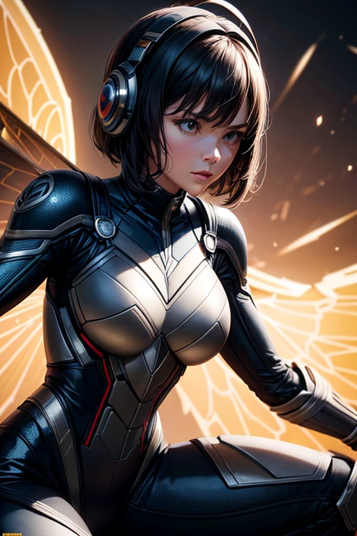 superhero Wasp, Hope van Dyne, movie accurate costume, helmet, wings, combat stance, highly detailed, vibrant appearance, creative behavior, extremly detailed, imaginative, sensual, spontaneous, highest quality, skin texture, intricate details, (cinematic lighting), RAW photo, 8k, masterpiece,best quality,ultra-detailed,very detailed illustrations,extremely detailed,intricate details,highres,super complex details,extremely detailed 8k cg wallpaper,