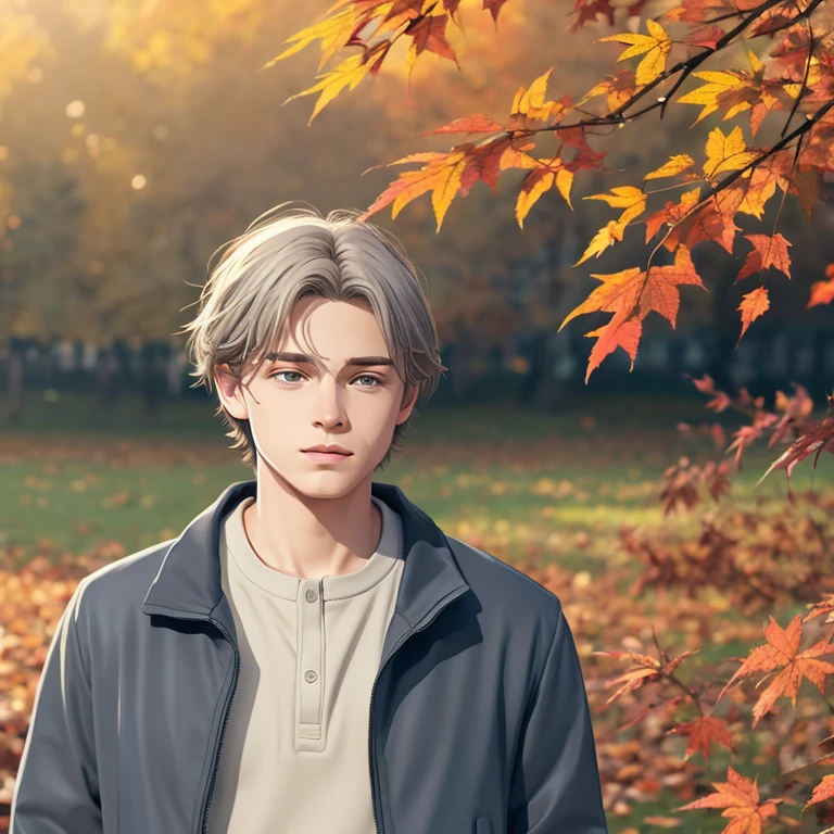 Extremely detailed, Detailed background, 1 boy, Solo, Autumn, Beautiful light, Wind, leaves changing color, Grey Hair, Medium Hair, Blue eyes, Floating hair, Shirt, Jacket,Pixel art