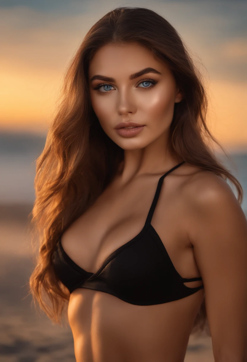 Latino and Swedish Woman, sexy girl with blue eyes, ultra realist, Meticulously detailed, Portrait Sophie Mudd, brown hair and big eyes, selfie of a young woman, beach background, black suite, with makeup, natural makeup, looking straight at camera , Face with Artgram, Subtle makeup, Great photo of the whole body kneeling on the bed, in the bedroom, Medium to large bust, in a sexy black bikini outfit, standing on the beach