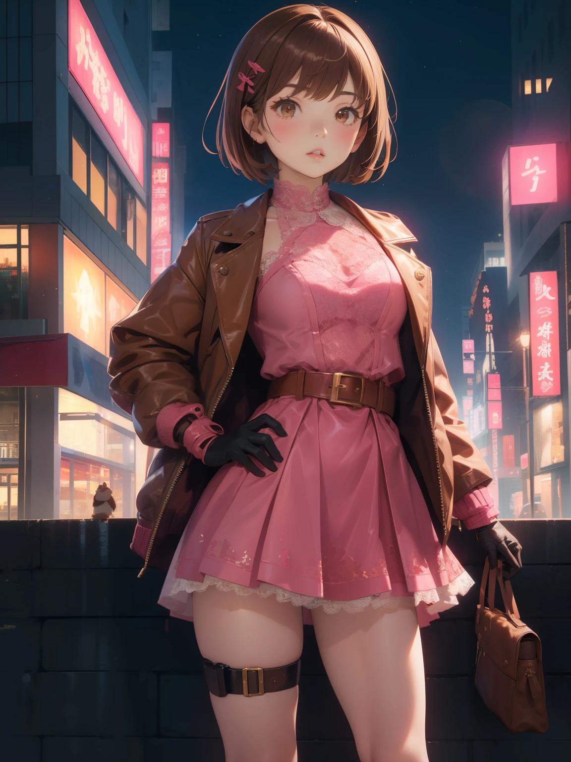 CFguanxiaoyuQF, 1girl in, Solo, gloves, Brown hair,Short hair, Pink dress, Brown eyes, Jacket,Looking at Viewer, hair clips, Hair Bow, thigh holster, Lace, Short dress, Belt bag, Lips, Bangs, Cityscape, Night, maturefemale, put hands on the hip,