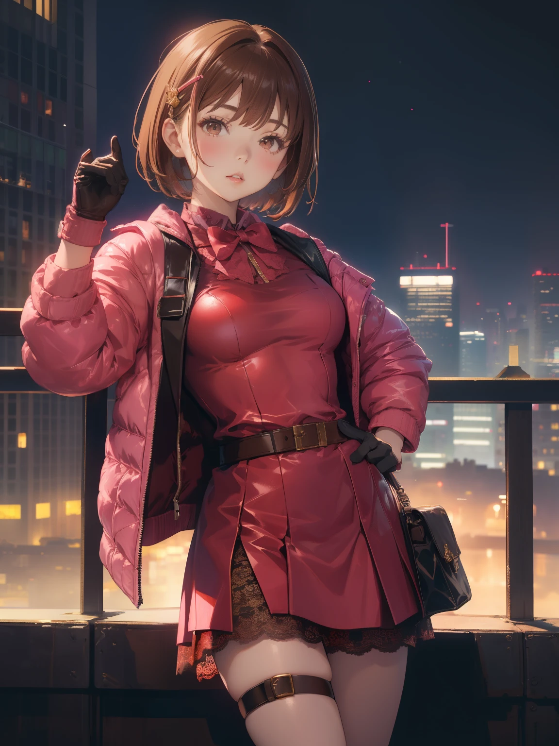 CFguanxiaoyuQF, 1girl in, Solo, gloves, Brown hair,Short hair, Pink dress, Brown eyes, Jacket,Looking at Viewer, hair clips, Hair Bow, thigh holster, Lace, Short dress, Belt bag, Lips, Bangs,  Cityscape, Night, maturefemale, put hands on the hip,