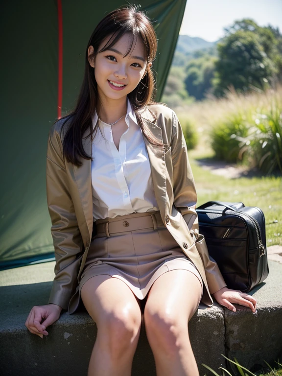 ((top-quality、in 8K、masterpiece:1.3、Raw photo))、Super high quality photos, Inside a simple tent set up in a tropical jungle, ((Wearing a business suit with jacket and skirt)), ((Beautiful Japanese woman sitting on a seat)),((Wear a white blouse shirt under the jacket)), ((Perfect beauty 20 year old idol Japan woman)), ((burst into laughter)), ((protruding nipples under the shirt,,)), ((slim figure)), ((Slim legs)), ((slim thigh)), (Photorealistic: 1.4), (Ultra-high detail), (hyper realisitic: 1.4), (Realistic: 1.3), (Smooth lighting: 1.05), Full body, 1girl in, Solo, (Japanese actressl), 20yr old, cinematlic lighting, ((Leaner figure)), Good anatomy, Correct anatomy, ((Perfect beauty 20 year old idol Japan woman)), ((Slim legs)), ((slim thigh)), ,((Perfect beauty)), ((He has a small camping bag in one hand.)), ((Panties are visible through the skirt)), ((burst into laughter)), ((camel's toe)), ((Wearing a business suit with jacket and skirt)), ((Hands on the crotch)).