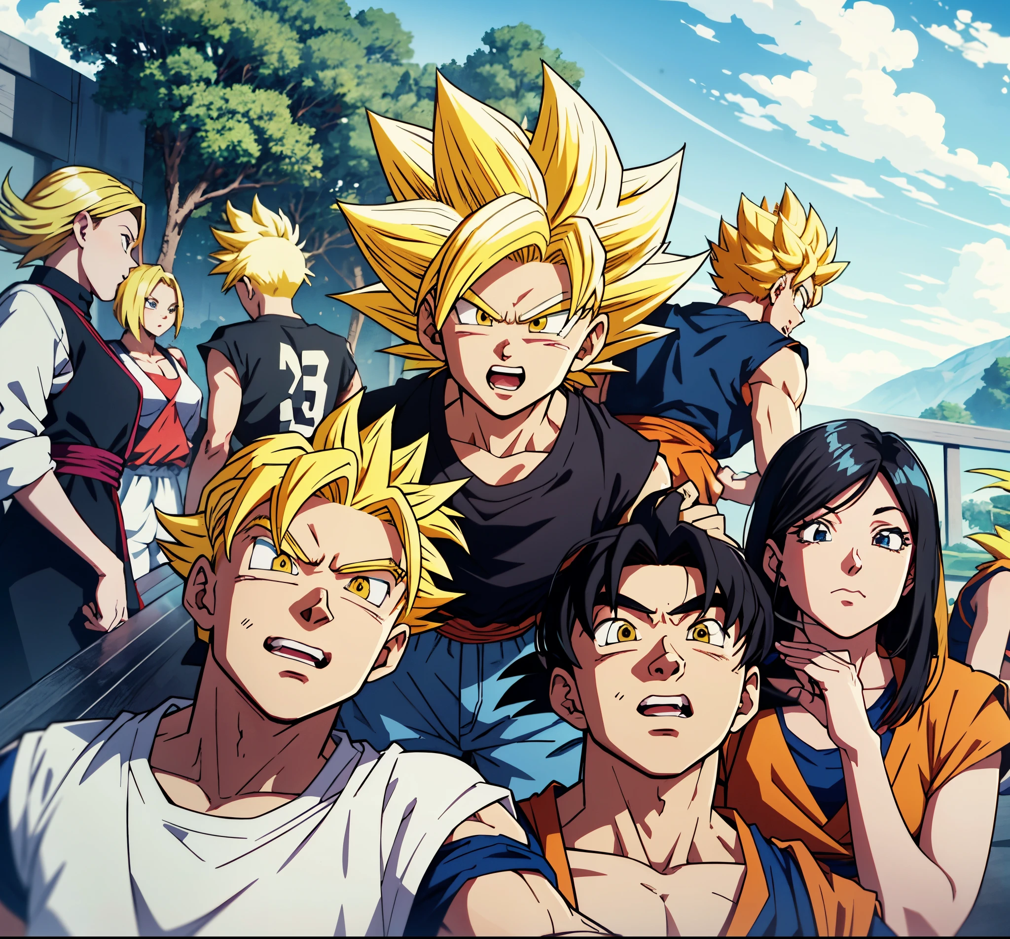 there are many people that are posing for a picture together,super saiyan,(blond hair:1.5), ((yellow hair:1.5)),super saiyan goku, super sayan, super sayian goku, super saiyan 3, going super saiyan, dragon ball concept art, dragon ball artstyle, 4 k manga wallpaper, goku from dragon ball, an epic anime of a energy man, 4k anime wallpaper,smile,