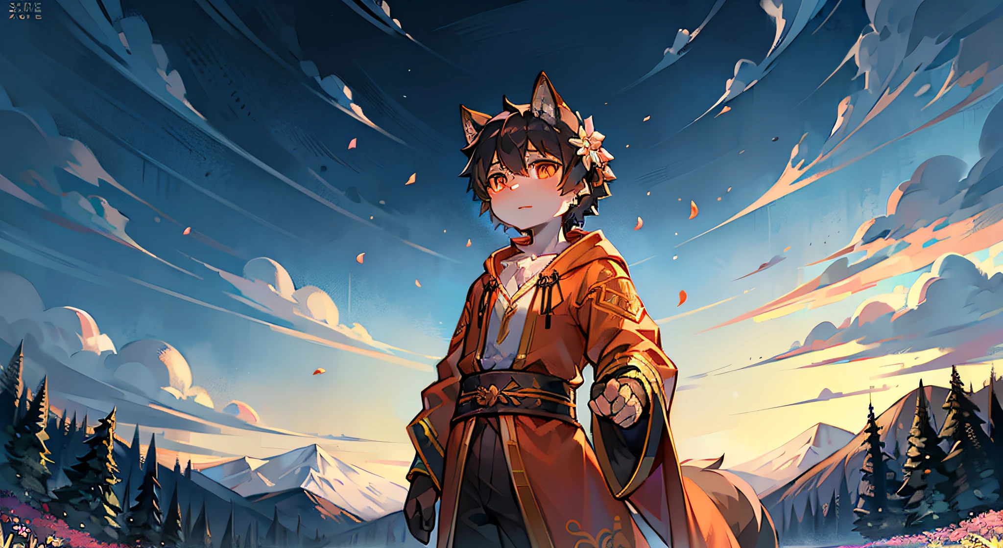 Black Haired Wolf,Clear blue sky,orange robe,Saber at the waist,shota,Orange pupils,fluttering sleeves,standard facial features,ornate backdrop,flowers blooming,Peach blossom tree,sunraise,lookingat,On a meadow,Peach blossom tree,falling flower petals,standing in grassy field,Crystal pupils